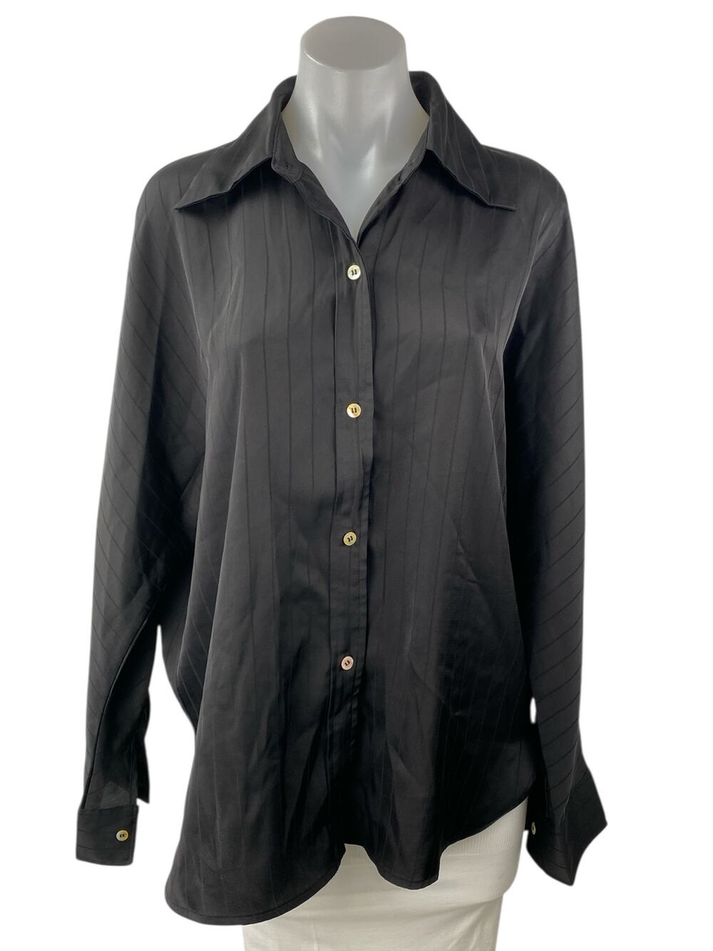 Commense Women's Black Silk Satin Striped Long Sleeve Button Down Shirt Top Sz S